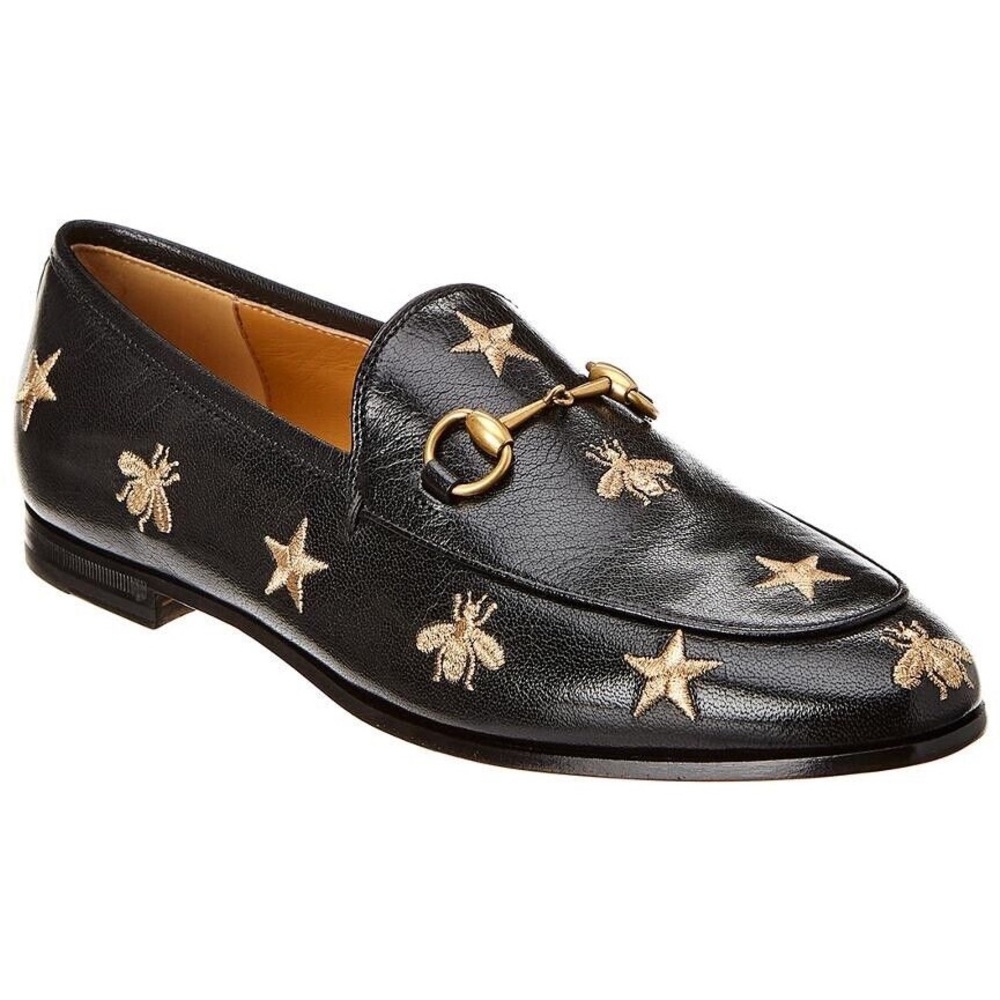 Gucci Black Leather Jordaan Embroidered Bee Horsebit Slip On Loafers Size 37